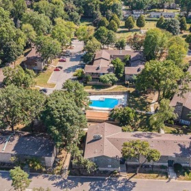 a high angle view of a building complex with trees